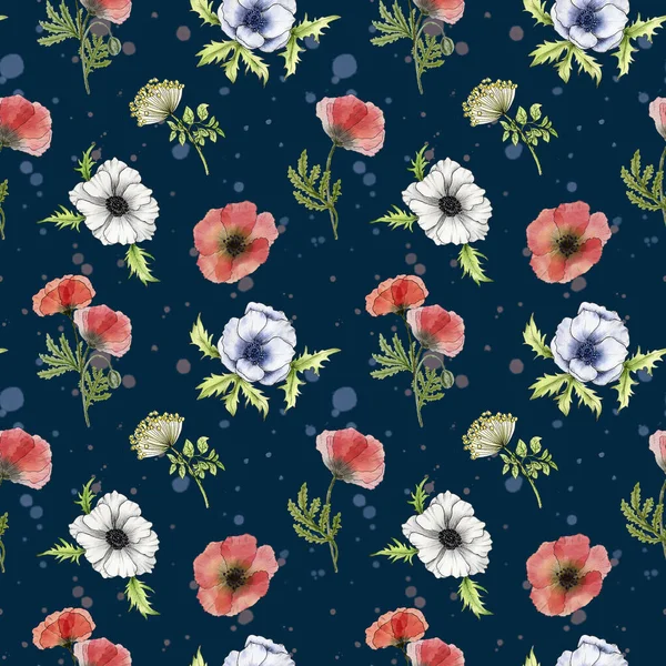 Poppy Αδιάλειπτη Μοτίβο Σκούρο Μπλε Φόντο Υδατογραφία Κόκκινα Λουλούδια Παπαρούνας — Φωτογραφία Αρχείου