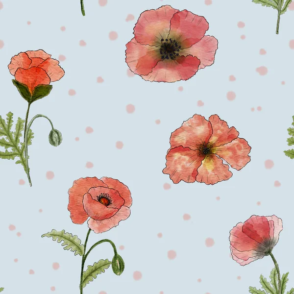 Poppy Zökkenőmentes Minta Akvarell Minta Vörös Vad Mákokkal Kézzel Rajzolt — Stock Fotó
