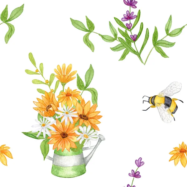 食欲をそそる ミツバチやラベンダーの花と水彩シームレスパターン カモミールとひまわりの花束 織物などのデザイン — ストック写真