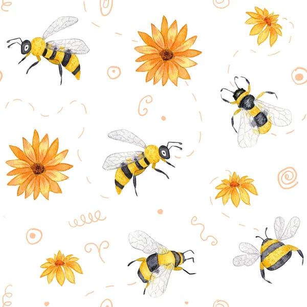 Αρπακτικό Υδατογραφία Αδιάλειπτη Μοτίβο Μέλισσες Και Λουλούδια Τομέα Λευκό Φόντο — Φωτογραφία Αρχείου
