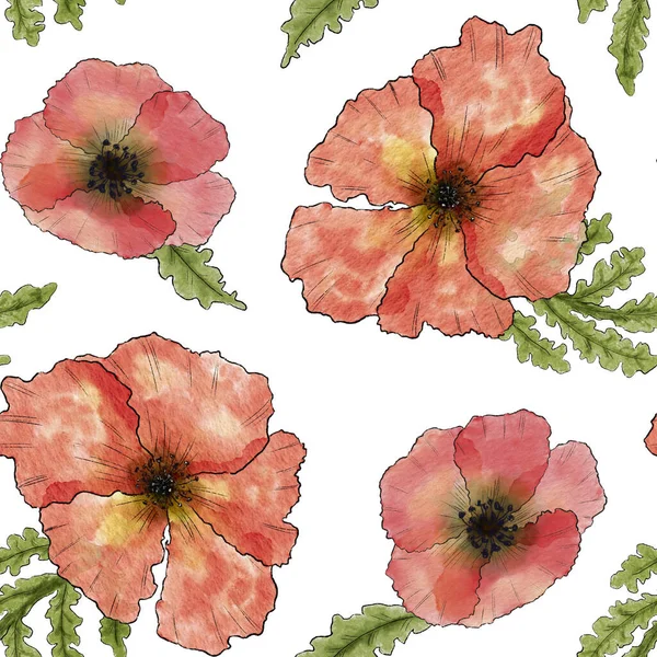 Poppy Zökkenőmentes Minta Akvarell Minta Vörös Vad Mákokkal Kézzel Rajzolt — Stock Fotó