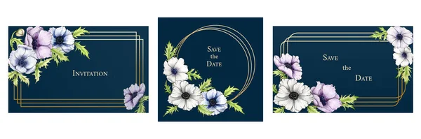 Cartão Aquarela Com Flores Anemone Fundo Azul Escuro Ilustração Desenhada — Fotografia de Stock