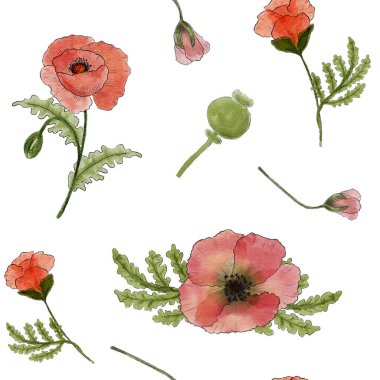 Haşhaş desenli. Kırmızı gelincikli suluboya deseni. El çizimi parlak yaz çizimi. Tekstil, duvar kağıdı, ambalaj kağıdı için tasarım