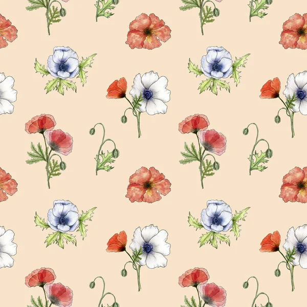 Poppy Zökkenőmentes Minta Akvarell Minta Vörös Vad Mák Anemone Virágok — Stock Fotó