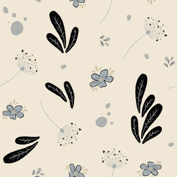 无缝花花纹 蒲公英叶和花的单色图案 — 图库照片