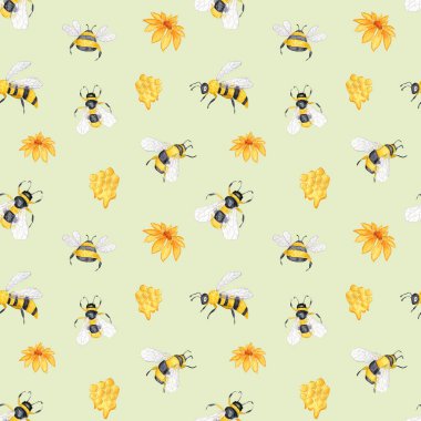 Arılar, çiçekler ve bal peteğiyle sulu boya deseni. Apiculture. Bal ürünü paketleme için tasarım