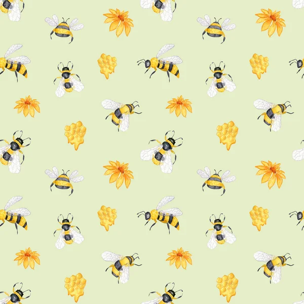 水彩画图案与蜜蜂 花朵和蜂窝交织在一起 蜂蜜产品包装设计 — 图库照片