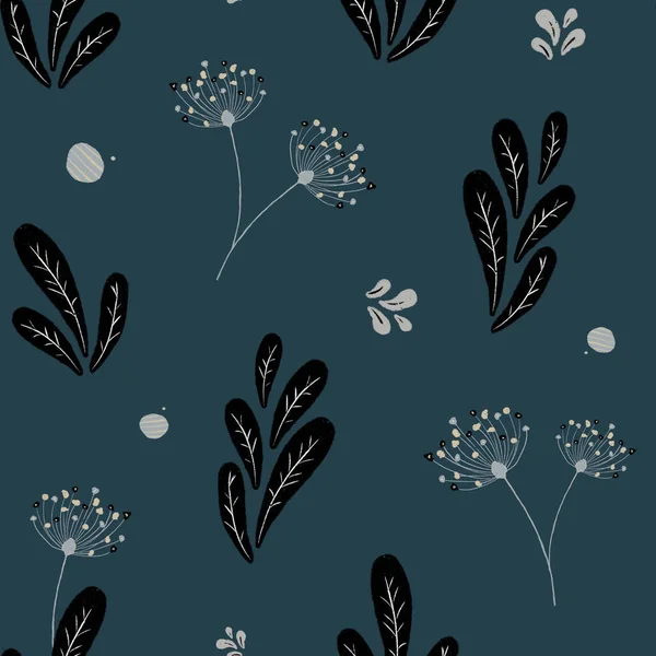 Nahtloses Blumenmuster Einfarbiges Muster Mit Löwenzahnblättern Und Blüten Auf Dunkelblauem — Stockfoto