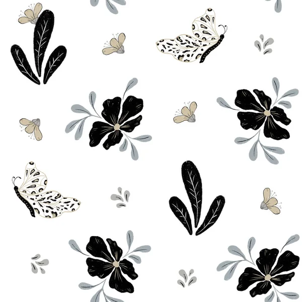 蝴蝶花无缝单色图案 手工画花和昆虫 包装设计 — 图库照片