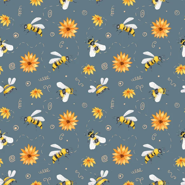 食欲をそそる ミツバチやフィールドの花と水彩シームレスパターン 白い背景で 織物などのデザイン — ストック写真