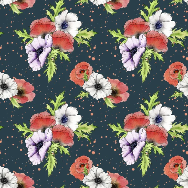 波比无缝图案 红色野生罂粟和海葵花的水彩图案 在深蓝色的背景上手绘了明亮的夏季插图 纺织品 包装纸的设计 — 图库照片