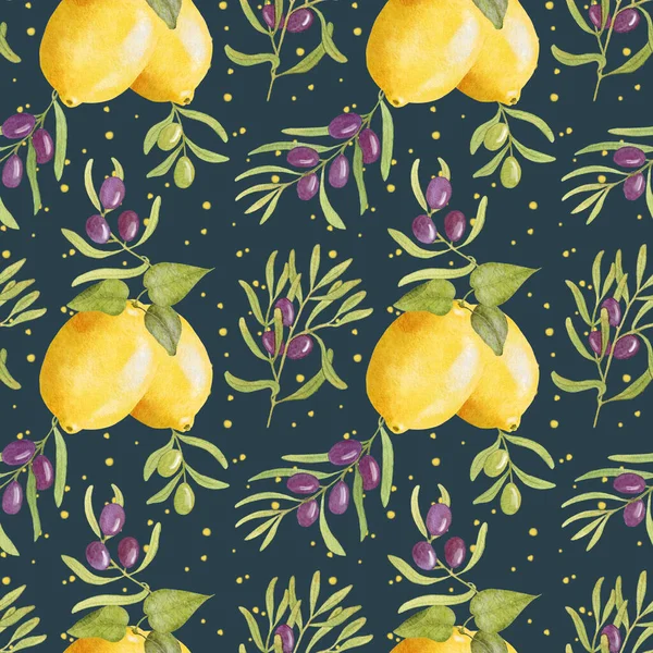 Akvarell Lemon Olive Minta Zökkenőmentes Minta Citrommal Olívabogyóval Illusztráció Kézzel — Stock Fotó