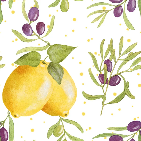 Watercolor Lemon Olive Pattern Seamless Pattern Lemons Olive Branches Illustration — Stock Photo, Image