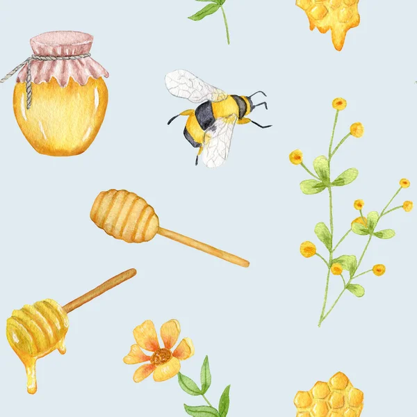水彩画图案与蜜蜂 蜂蜜梳子 罐子和蜂蜜勺 蜂蜜产品包装设计 — 图库照片