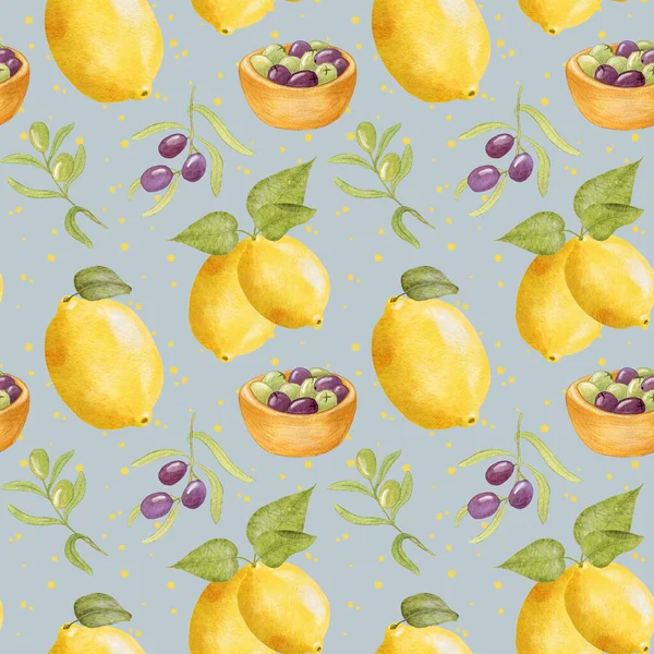 Aquarell Lemon Olive Muster Nahtloses Muster Mit Zitronen Und Olivenzweigen — Stockfoto