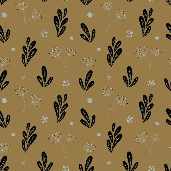 Seamless floral pattern. Monochrome pattern with dandelion leaves and flowers on a dark blue background