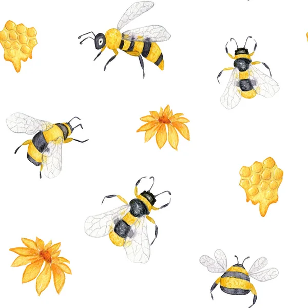 Aquarell Nahtloses Muster Mit Bienen Blumen Und Waben Imkerei Design — Stockfoto