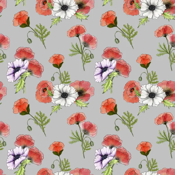 Poppy Zökkenőmentes Minta Akvarell Minta Vörös Vad Mák Anemone Virágok — Stock Fotó