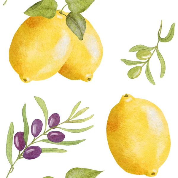 水彩レモンオリーブパターン レモンとオリーブの枝でシームレスなパターン イラストは手描き — ストック写真