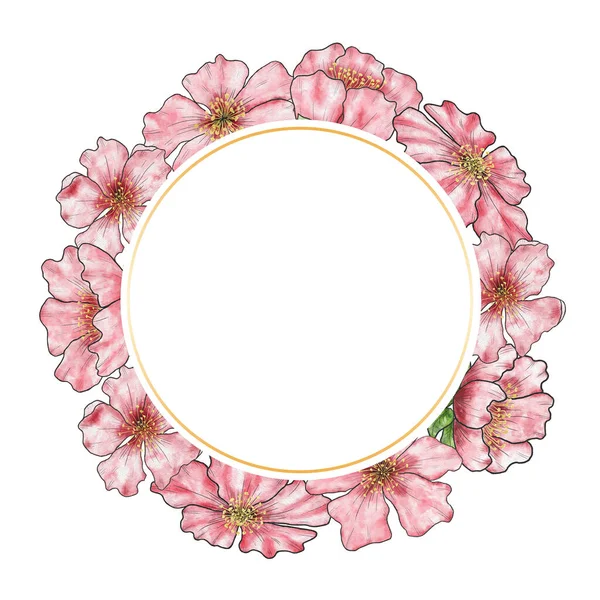 Cherry blossom. Invitation, card, banner with watercolor pink cherry blossoms. Blank template. Hand drawing. Round frame with flowers