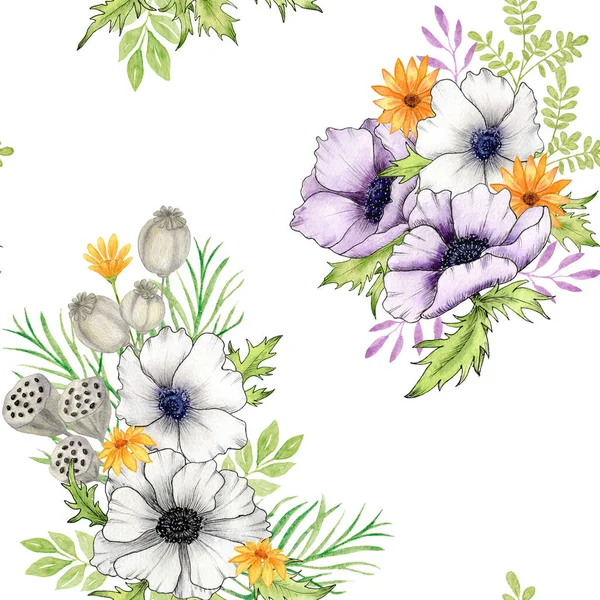 イソギンチャクの花と水彩シームレスパターン アネモネ ひまわり ポピー ドライ蓮の花束のイラスト 手描き — ストック写真