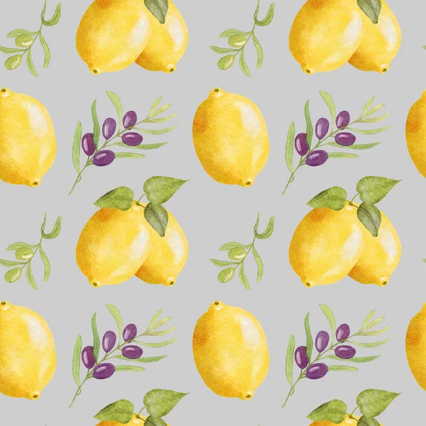 Wzór Akwareli Lemon Olive Płynny Wzór Lemons Olive Branches Ilustracja — Zdjęcie stockowe