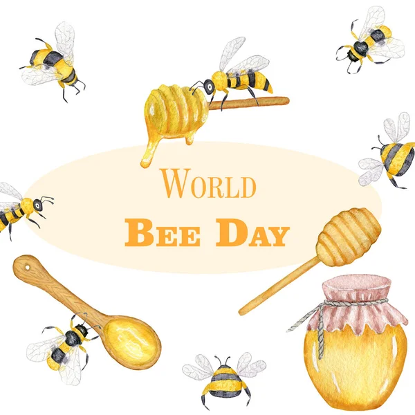 World Honey Bee Day. Watercolor card, banner, poster with Bees, flowers and Jar of honey. The illustration is hand drawn