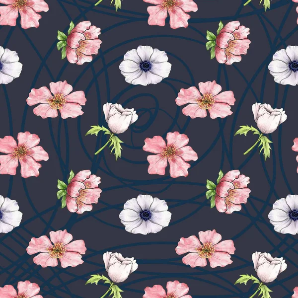 Patrón Sin Costuras Acuarela Con Flores Cerezo Chinas Anémonas Rosa —  Fotos de Stock