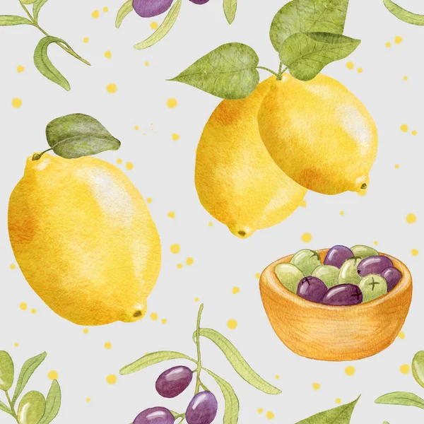 Watercolor Lemon Olive Pattern Seamless Pattern Lemons Olive Branches Hand — Stock Photo, Image