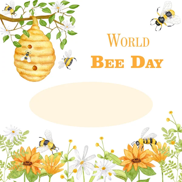Dünya Bal Arısı Günü. Suluboya kartı, pankart, arı, çiçek, bal ve arı kovanlı poster. Resim elle çizilmiş.