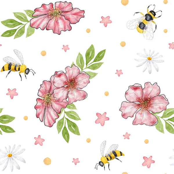 Aquarel Bloemenpatroon Naadloos Patroon Met Chinese Kersenbloesems Bijen Madeliefjes Zomer — Stockfoto