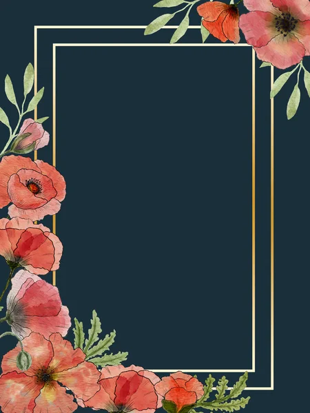 Акварельна Листівка Запрошення Привітання Маковими Квітами Ілюстрація Квітів Темно Синьому — стокове фото