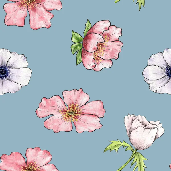 Bezszwowy Wzór Akwareli Chińskimi Kwiatami Wiśni Anemonami Różowy Kwiat Wiśni — Zdjęcie stockowe