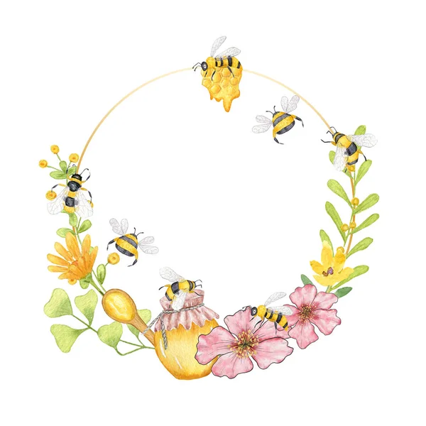 World Honey Bee Day. Watercolor card, banner, poster with Bees, flowers and Jar of honey. The illustration is hand drawn