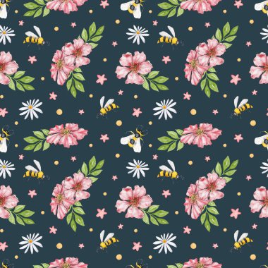 Çiçek desenli suluboya. Çin kiraz çiçekleri, arılar ve papatyalarla kusursuz desen. Tekstil, yama çalışması, duvar kağıdı ve yapıştırma kitabı için yaz tasarımı