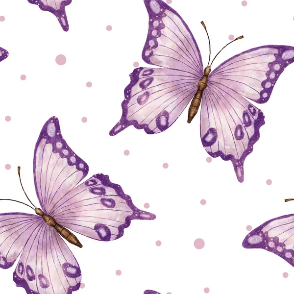 バイオレット蝶と水彩シームレスパターン 野生の自然 昆虫のイラスト — ストック写真