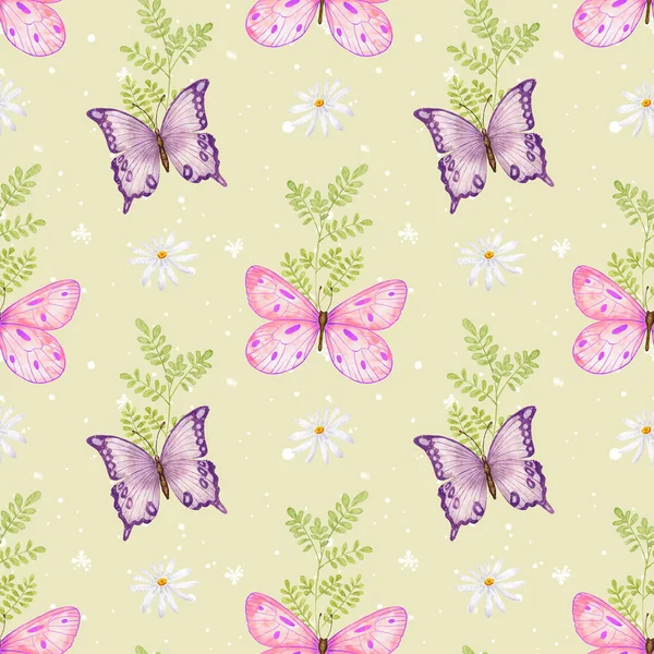 ピンクと緑の蝶とカモミールの花と水彩シームレスパターン 野生の自然 昆虫のイラスト — ストック写真