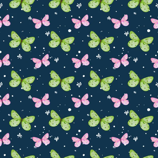 Vlinder Aquarel Naadloos Patroon Met Roze Groene Vlinder Wilde Natuur — Stockfoto