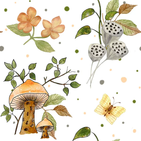 Aquarel Naadloos Champignonpatroon Illustratie Van Paddenstoelen Planten Bloemen Vlinders — Stockfoto