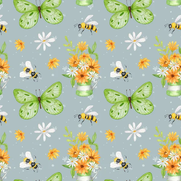 蝶とミツバチ 蜂や野生の花と水彩シームレスパターン 金属製の散水缶にひまわりの花束 — ストック写真
