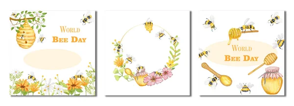 World Honey Bee Day Set Watercolor Card Banner Poster Bees — Stock Photo, Image