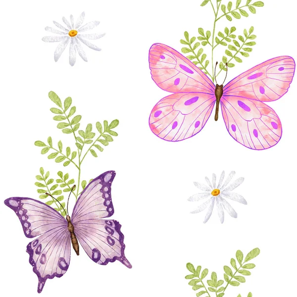 ピンクと緑の蝶とカモミールの花と水彩シームレスパターン 野生の自然 白地に虫のイラスト — ストック写真