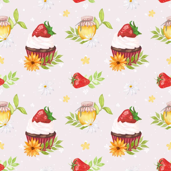 Eper Csokoládé Akvarell Süti Zökkenőmentes Minta Muffinnal Eperrel Mézzel Virágokkal — Stock Fotó