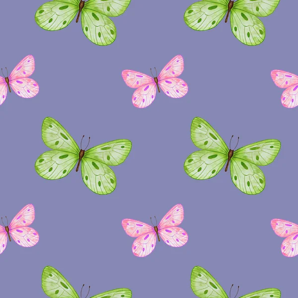 Motyl Wzór Bezszwowy Akwarela Różowym Zielonym Motylem Dzika Natura Ilustracja — Zdjęcie stockowe