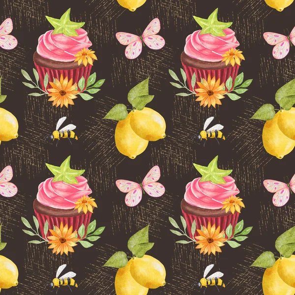 水彩画 巧克力蛋糕 草莓奶油 纸杯蛋糕 蜜蜂和蝴蝶的图案 糕点包装的设计深褐色背景下的插图 — 图库照片