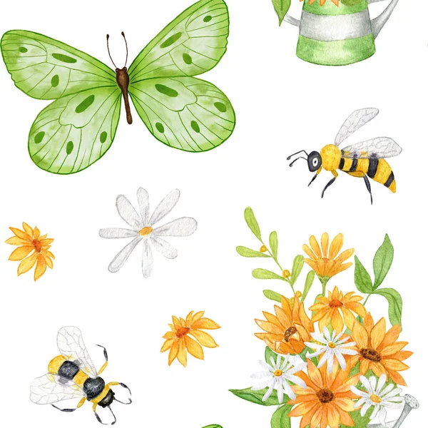 蝶とミツバチ 蜂や野生の花と水彩シームレスパターン 金属製の散水缶にひまわりの花束 — ストック写真