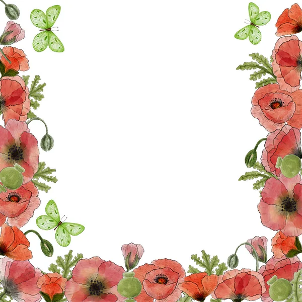 Акварельна Листівка Червоними Маками Червоні Маки Метелики Дизайн Запрошення Вітання — стокове фото