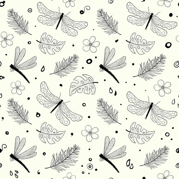 シームレスなトンボ柄 葉でトンボ 手描き虫図 — ストック写真