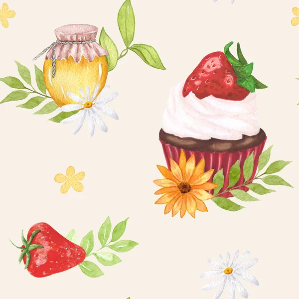 草莓巧克力水彩杯蛋糕 无缝图案 蜂蜜和鲜花 手绘加蜂蜜和洋甘菊的罐子 — 图库照片