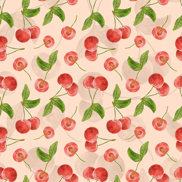 水彩桜 水彩桜のシームレスなパターン 夏のデザート チェリーベリー — ストック写真